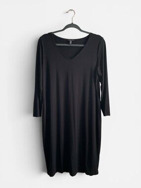 Eileen Fisher Black Jersey Knit Midi Dress V Neck Long Sleeve Size Large